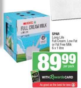 SPAR Long Life Full Cream, Low Fat or Fat Free Milk 6 x 1 litre