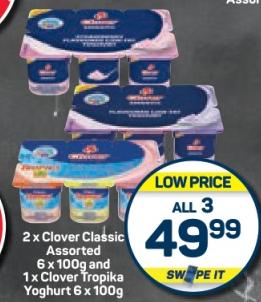 2 x Clover Classic Assorted 6 x 100g and 1 x Clover Tropika Yoghurt 6 x 100g