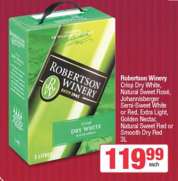 Robertson Winery Crisp Dry White, Natural Sweet Rosé, Johannisberger Semi-Sweet White or Red, Extra Light, Golden Nectar, Natural Sweet Red or Smooth Dry Red 3L