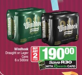 Windhoek Draught or Lager Cans 6 x 500ml Any 2