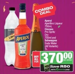 Aperol Aperitivo Liqueur 750ml, Cinzano Pro Spritz Dry 750ml and Schweppes Soda Water (All Variants) 1L 