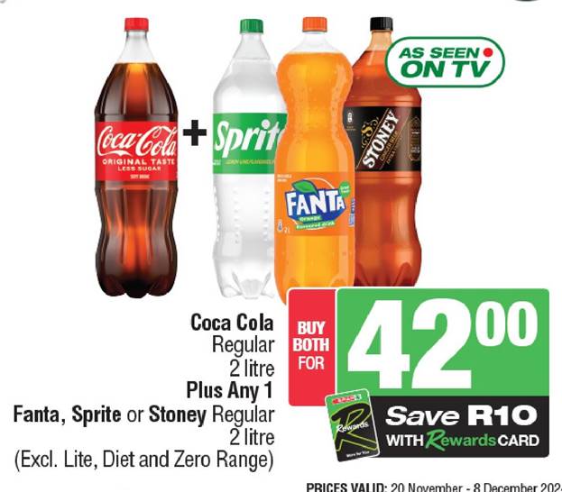 Coca Cola Regular 2 litre Plus Any 1 Fanta, Sprite or Stoney Regular 2 litre (Excl. Lite, Diet and Zero Range)