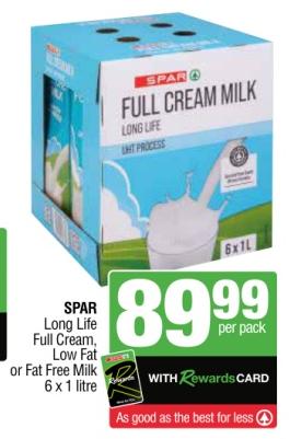 SPAR Long Life Full Cream, Low Fat or Fat Free Milk 6 x 1 litre