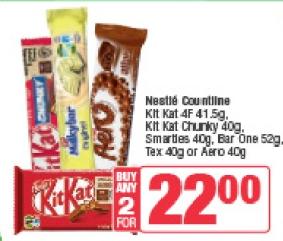 Any 2 Nestlé Countline Kit Kat 4F 41.5g, Kit Kat Chunky 40g, Smarties 40g, Bar One 52g, Tex 40g or Aero 40g