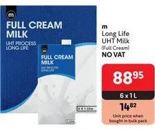 Long Life UHT Milk (Full Cream) 6 x 1L