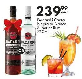 Bacardi Carta Negra or Blanca Superior Rum  750ml 