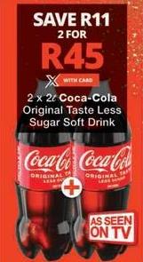 Coca-Cola Original Taste Less Sugar Soft Drink 2x2L