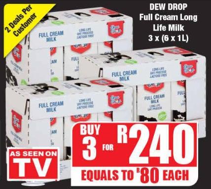 Dew Drop Full Cream Long Life Milk 6 x 1L