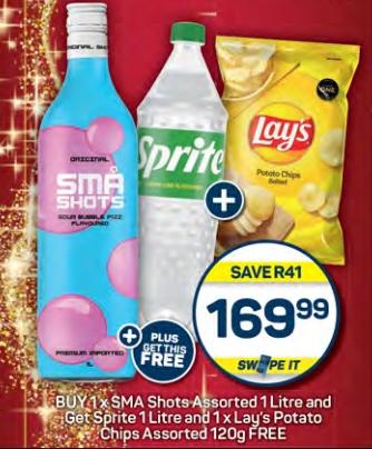 Buy 1 x SMA Shots Assorted 1 Litre, Sprite 1 Litre, Lay's Potato Chips Assorted 120g