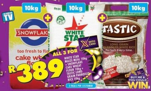 White Star Maize Meal 10kg + Snowflake Cake Wheat Flour 10kg + Tastic Long Grain Parboiled Rice 10kg