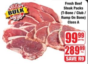 Fresh Beef Steak Packs (T-Bone / Club / Rump On Bone) Class A 3kg