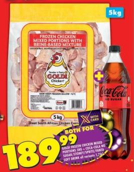 Goldi Frozen Chicken Mixed Portions 5kg + Coca-Cola No Sugar/Stoney/Sprite/Fanta Soft Drink 2L