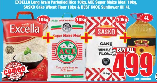 EXCELLA Long Grain Parboiled Rice 10 kg + ACE Super Maize Meal 10 kg + SASKO Cake Wheat Flour 10 kg + BEST COOK Sunflower Oil 4L