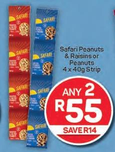 Any 2 Safari Peanuts & Raisins or Peanuts 4 x 40g Strip