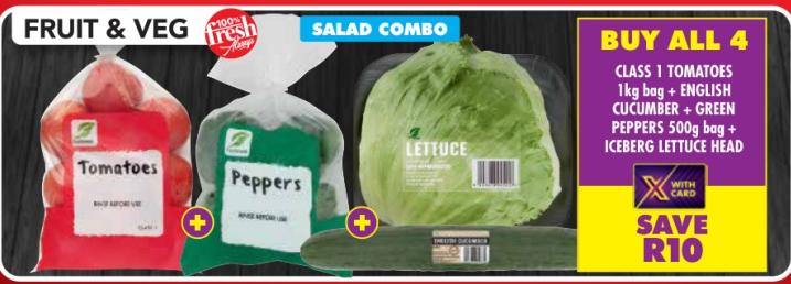 Freshmark Class 1 Tomatoes 1 kg bag + English Cucumber + Green Peppers 500g bag + Iceberg Lettuce Head